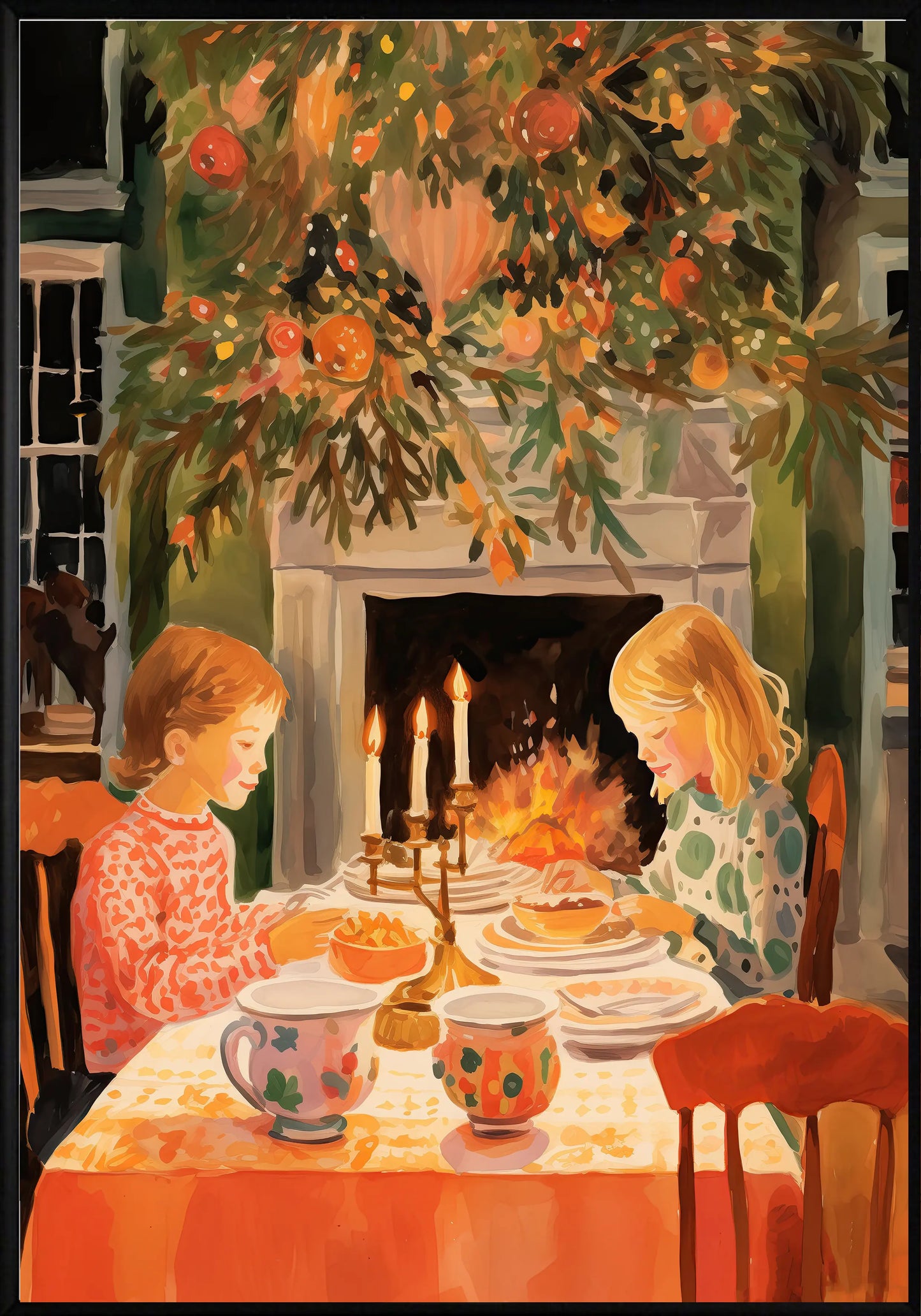 Цветна коледна трапеза и камина постер - Рисунки.бг