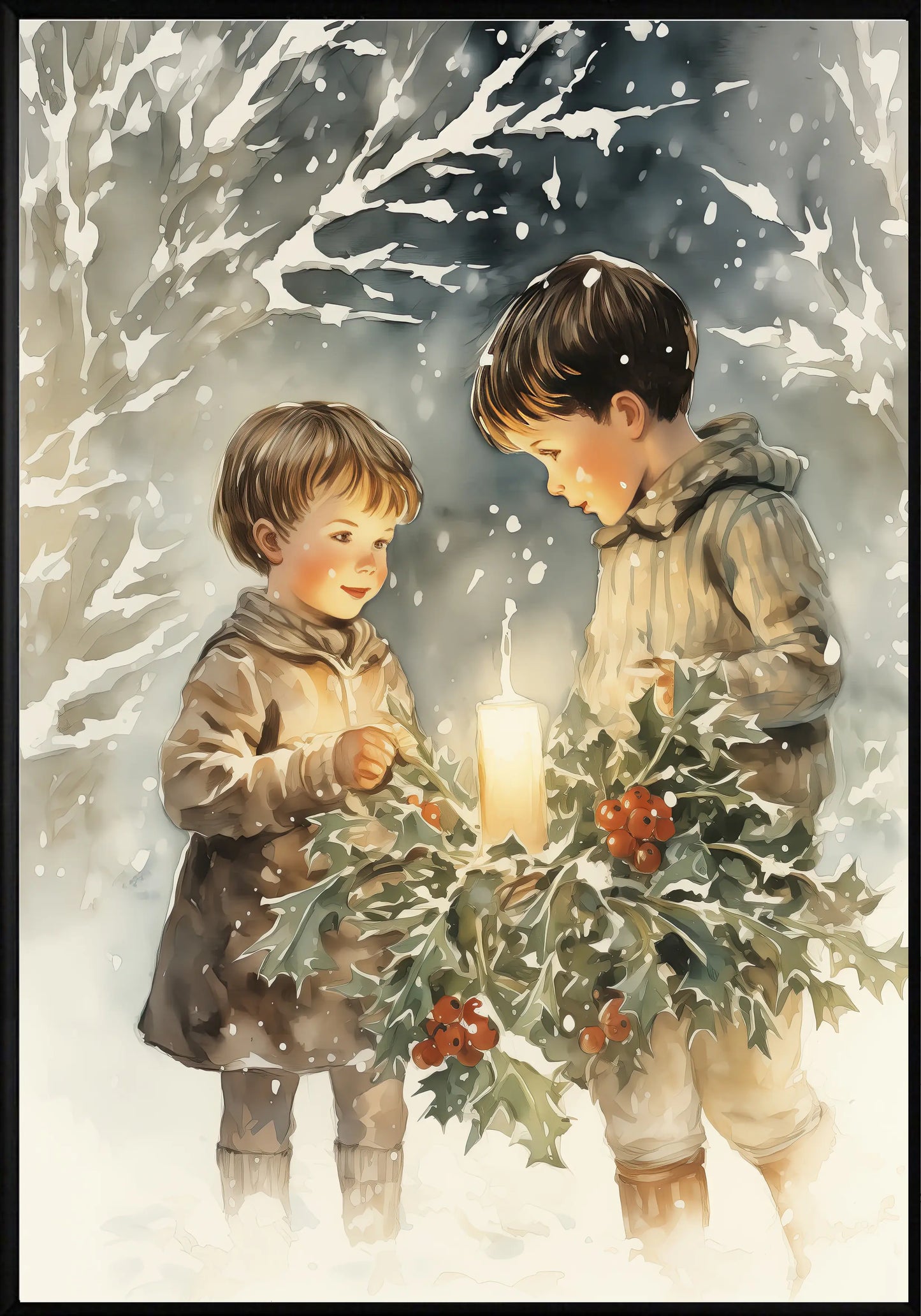 Деца с коледен венец постер - Рисунки.бг