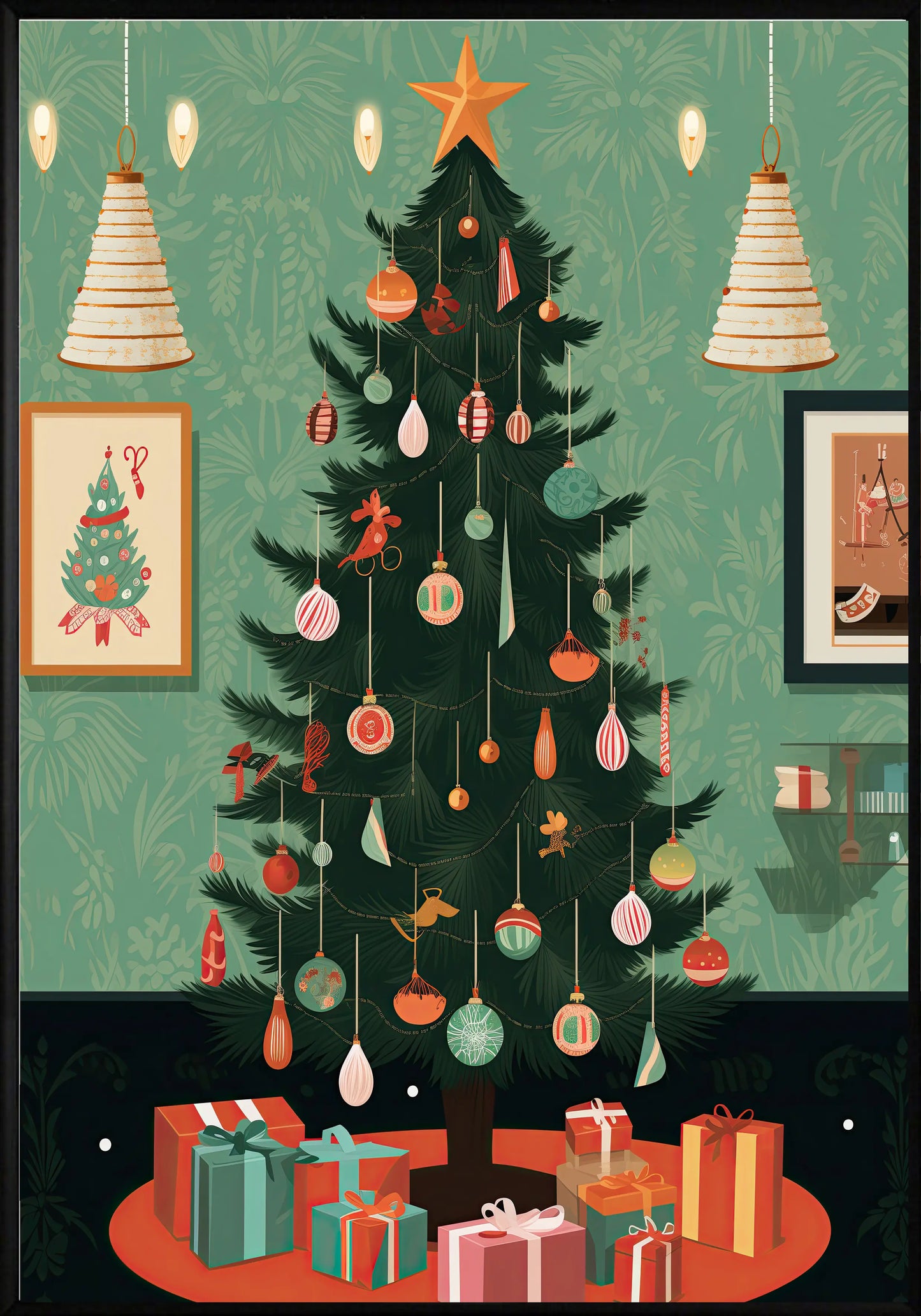 Коледен дом с подаръци постер - Рисунки.бг