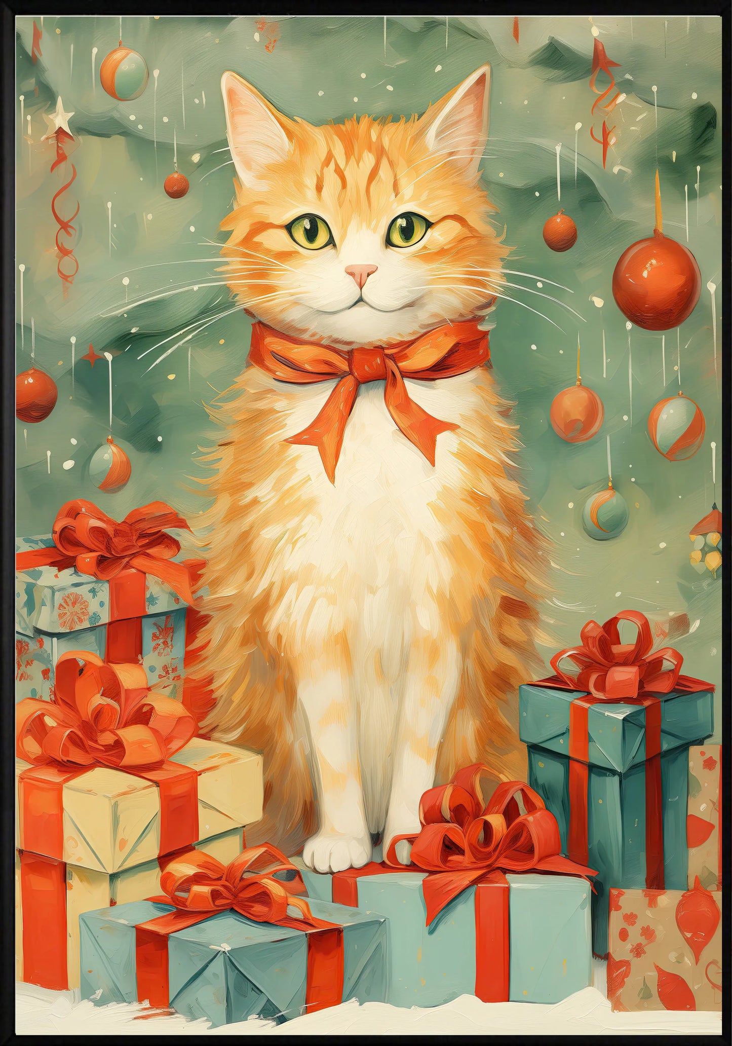Котe с коледни подаръци постер - Рисунки.бг