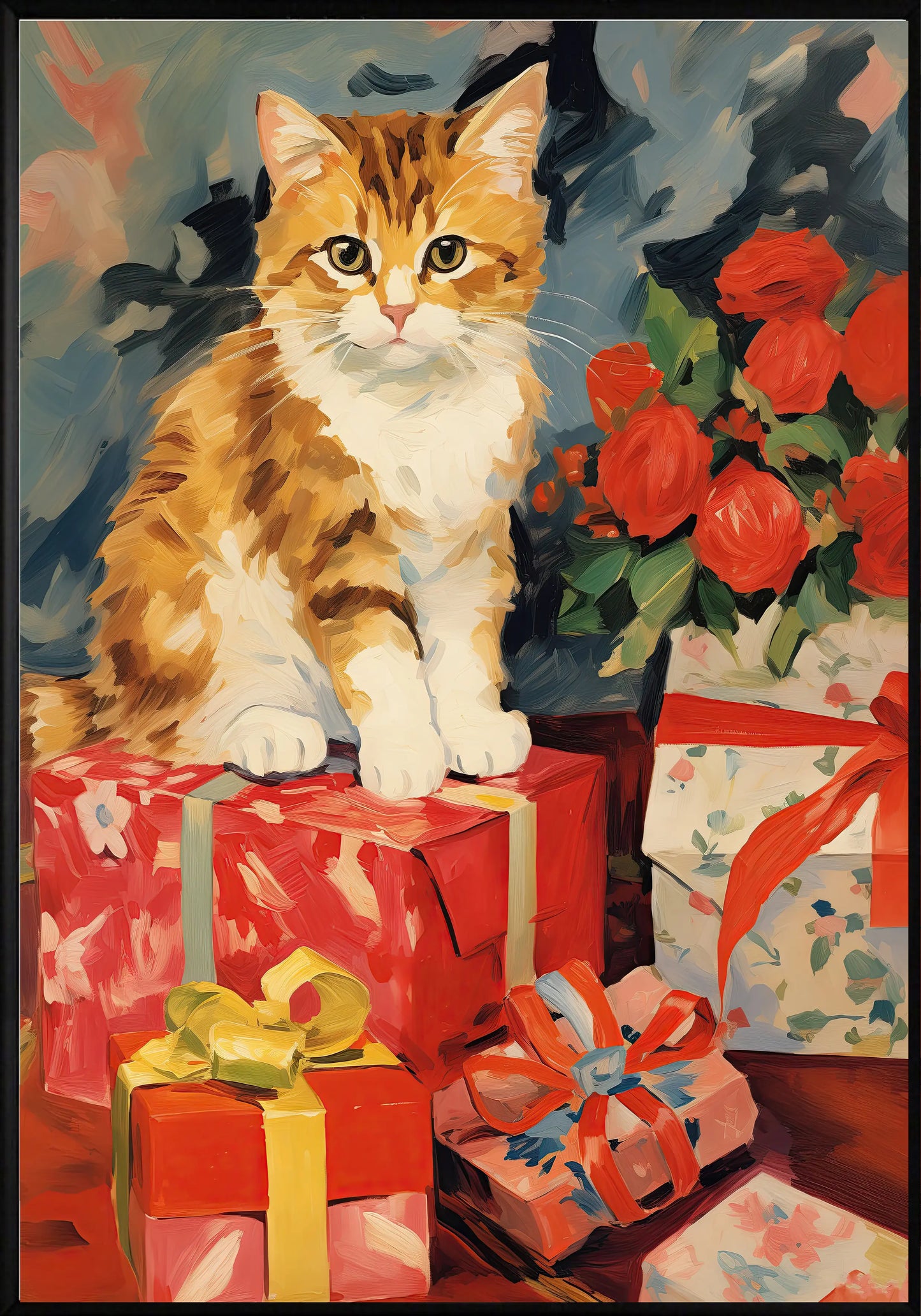 Котка върху коледни подаръци постер - Рисунки.бг