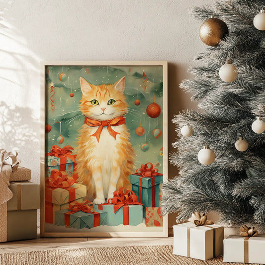 Котe с коледни подаръци постер - Рисунки.бг 