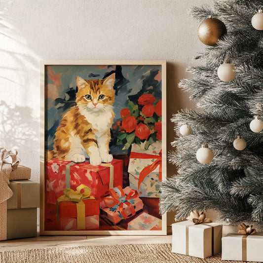 Котка върху коледни подаръци постер - Рисунки.бг 